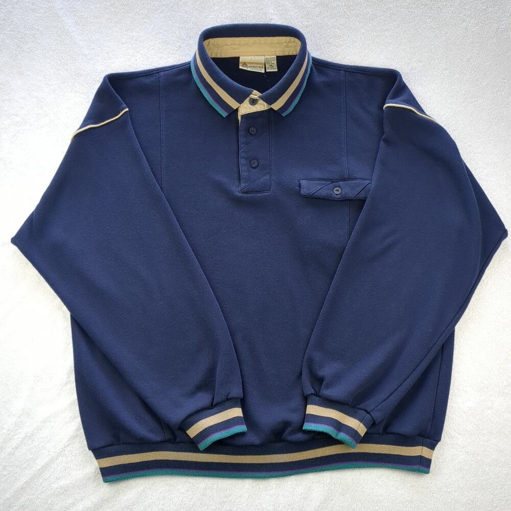 Vintage London Fog Sweatshirt Mens XL Navy Blue Henley Polo Collared 90s